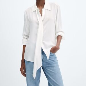 NWT Mango White Tie-Neck Button Down Blouse Size Medium